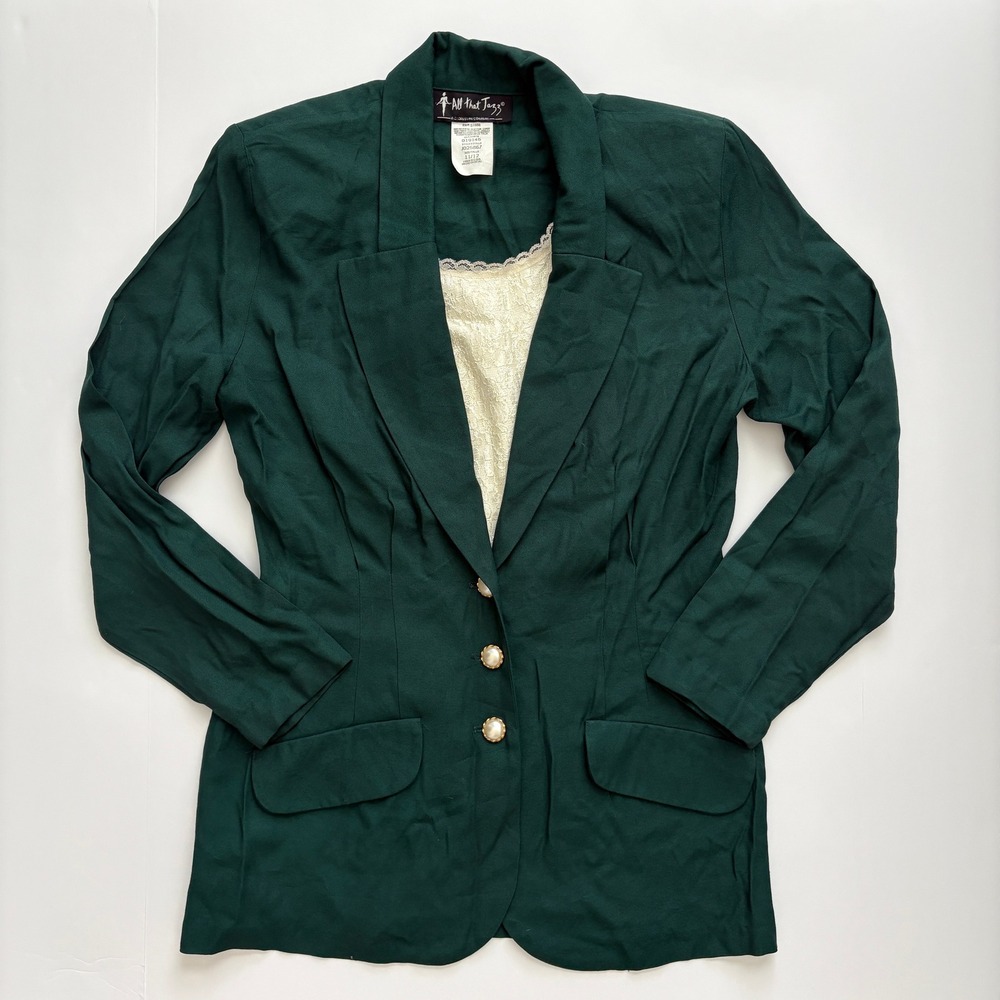 Vintage All That Jazz Womens Green Blazer Lace Insert Gold Button Jacket